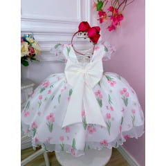 Vestido Infantil Off White Flores Tulipas e Cinto de Pérolas