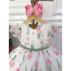 Vestido Infantil Off White Flores Tulipas e Cinto de Pérolas