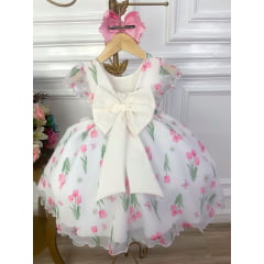 Vestido Infantil Off White Flores Tulipas e Cinto de Pérolas