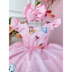 Vestido Infantil Patrulha Canina Sky Rosa C/ Pérolas Festas