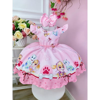 Vestido Infantil Patrulha Canina Sky Rosa C/ Pérolas Festas Vestido Infantil Patrulha Canina Sky Rosa C/ Pérolas Festas