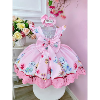 Vestido Infantil Patrulha Canina Sky Rosa C/ Pérolas Festas