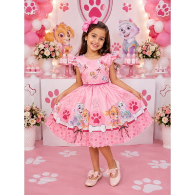 Vestido Infantil Patrulha Canina Sky Rosa C/ Pérolas Festas