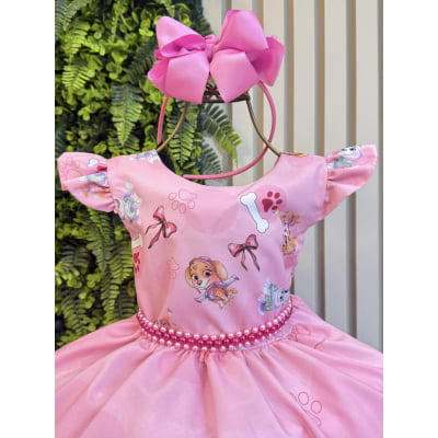 Vestido Infantil Patrulha Canina Sky Rosa C/ Pérolas Festas