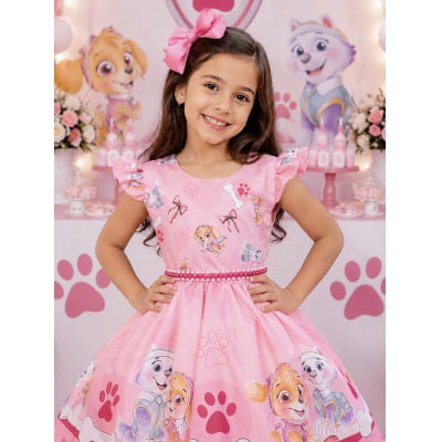 Vestido Infantil Patrulha Canina Sky Rosa C/ Pérolas Festas