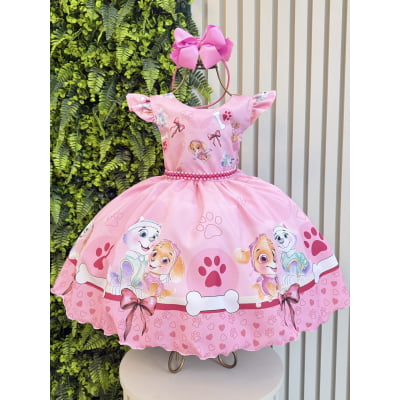 Vestido Infantil Patrulha Canina Sky Rosa C/ Pérolas Festas