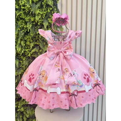 Vestido Infantil Patrulha Canina Sky Rosa C/ Pérolas Festas