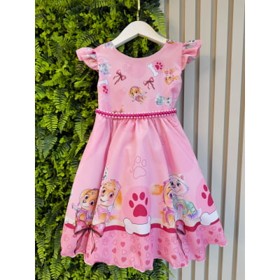 Vestido Infantil Patrulha Canina Sky Rosa C/ Pérolas Festas