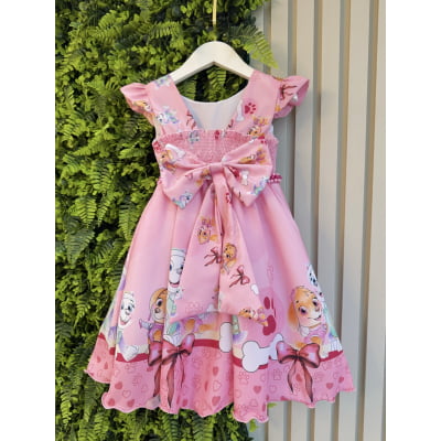 Vestido Infantil Patrulha Canina Sky Rosa C/ Pérolas Festas