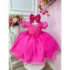 Vestido Infantil Pink Princesa Aurora Barbie Aplique Flores