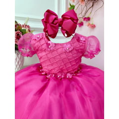 Vestido Infantil Pink Princesa Aurora Barbie Aplique Flores