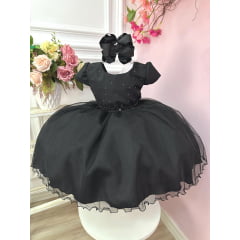 Vestido Infantil Preto Busto C/ Strass e Saia com Glitter