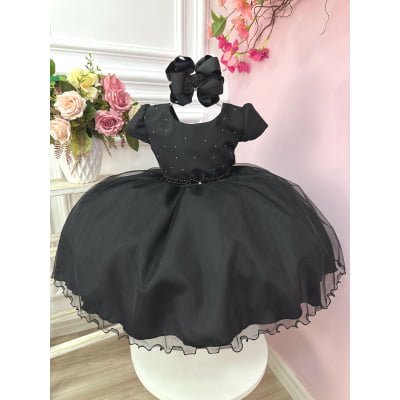 Vestido Infantil Preto Busto C/ Strass e Saia com Glitter