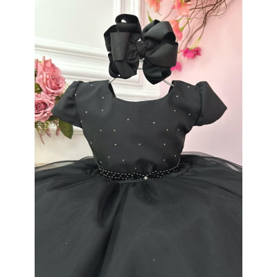 Vestido Infantil Preto Busto C/ Strass e Saia com Glitter