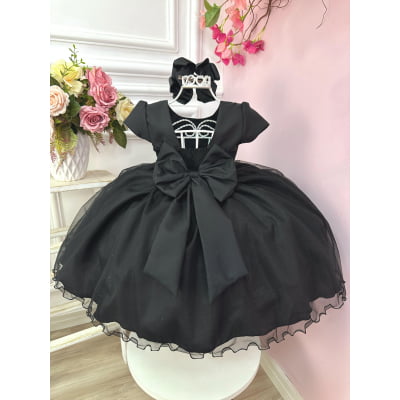 Vestido Infantil Preto Busto C/ Strass e Saia com Glitter