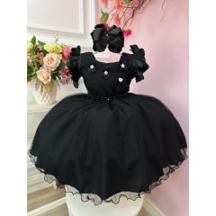 Vestido Infantil Preto Com Apliques de Flores Daminha Luxo