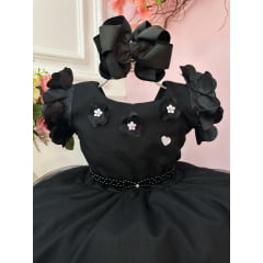 Vestido Infantil Preto Com Apliques de Flores Daminha Luxo