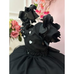 Vestido Infantil Preto Com Apliques de Flores Daminha Luxo