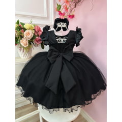 Vestido Infantil Preto Com Apliques de Flores Daminha Luxo