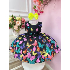 Vestido Infantil Preto Jardim das Borboletas Efeito Neon Luxo