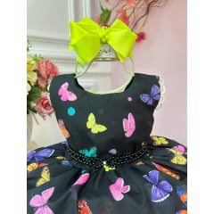 Vestido Infantil Preto Jardim das Borboletas Efeito Neon Luxo