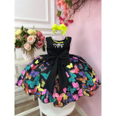 Vestido Infantil Preto Jardim das Borboletas Efeito Neon Luxo