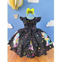 Vestido Infantil Preto Unicórnio Neon Festas Aniversários