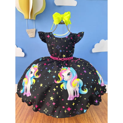 Vestido Infantil Preto Unicórnio Neon Festas Aniversários