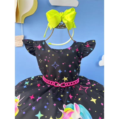 Vestido Infantil Preto Unicórnio Neon Festas Aniversários