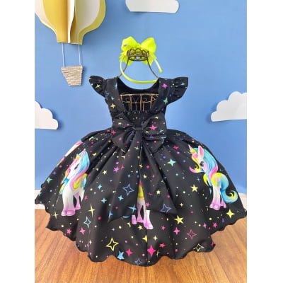 Vestido Infantil Preto Unicórnio Neon Festas Aniversários