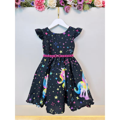 Vestido Infantil Preto Unicórnio Neon Festas Aniversários