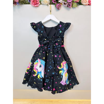 Vestido Infantil Preto Unicórnio Neon Festas Aniversários