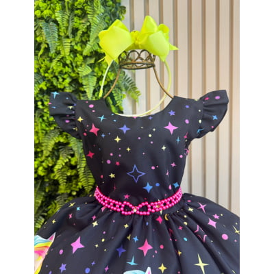 Vestido Infantil Preto Unicórnio Neon Festas Aniversários