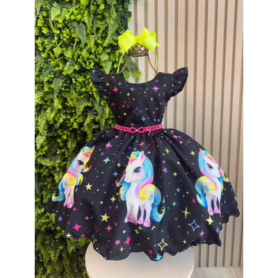 Vestido Infantil Preto Unicórnio Neon Festas Aniversários