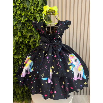 Vestido Infantil Preto Unicórnio Neon Festas Aniversários