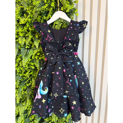 Vestido Infantil Preto Unicórnio Neon Festas Aniversários