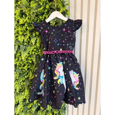 Vestido Infantil Preto Unicórnio Neon Festas Aniversários