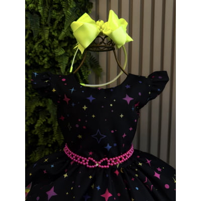 Vestido Infantil Preto Unicórnio Neon Festas Aniversários