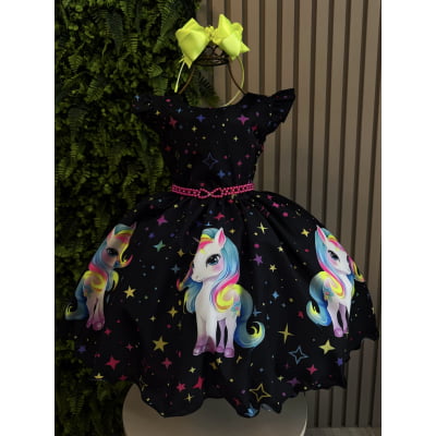 Vestido Infantil Preto Unicórnio Neon Festas Aniversários