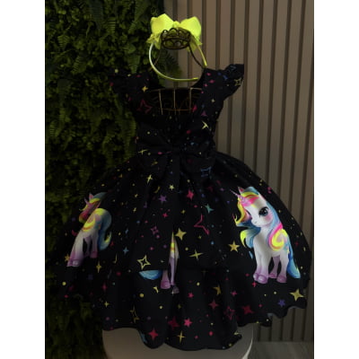 Vestido Infantil Preto Unicórnio Neon Festas Aniversários