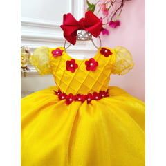 Vestido Infantil  Princesa Bela e a Fera Amarelo C/ Flores