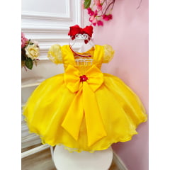 Vestido Infantil  Princesa Bela e a Fera Amarelo C/ Flores