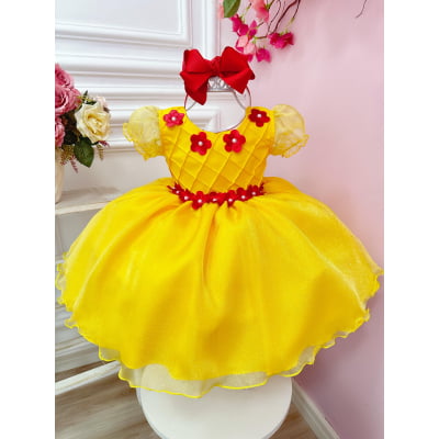 Vestido Infantil Princesa Bela e a Fera Amarelo C/ Flores