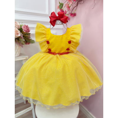 Vestido Infantil Princesa Bela e a Fera Com Babados e Strass