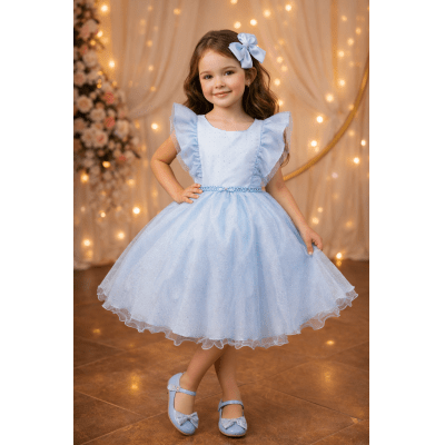 Vestido Infantil Princesas Frozen Anna e Elsa Azul Festas