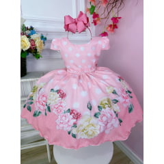 Vestido Infantil Rosa Bebê Florido Primavera Cinto Pérolas