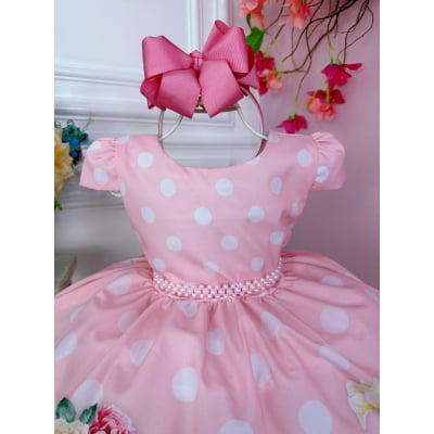 Vestido Infantil Rosa Bebê Florido Primavera Cinto Pérolas