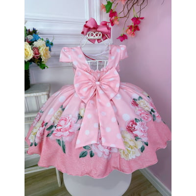 Vestido Infantil Rosa Bebê Florido Primavera Cinto Pérolas