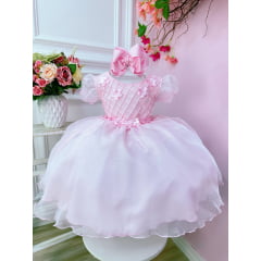 Vestido Infantil Rosa Bebê Princesa Bela Adormecida C/ Flores