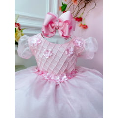 Vestido Infantil Rosa Bebê Princesa Bela Adormecida C/ Flores